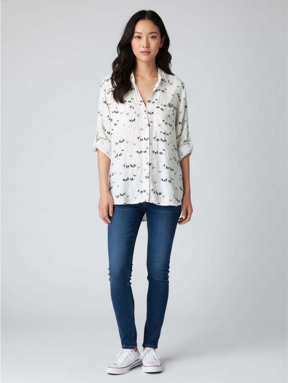 Women's White Printed Button-Up Shirt